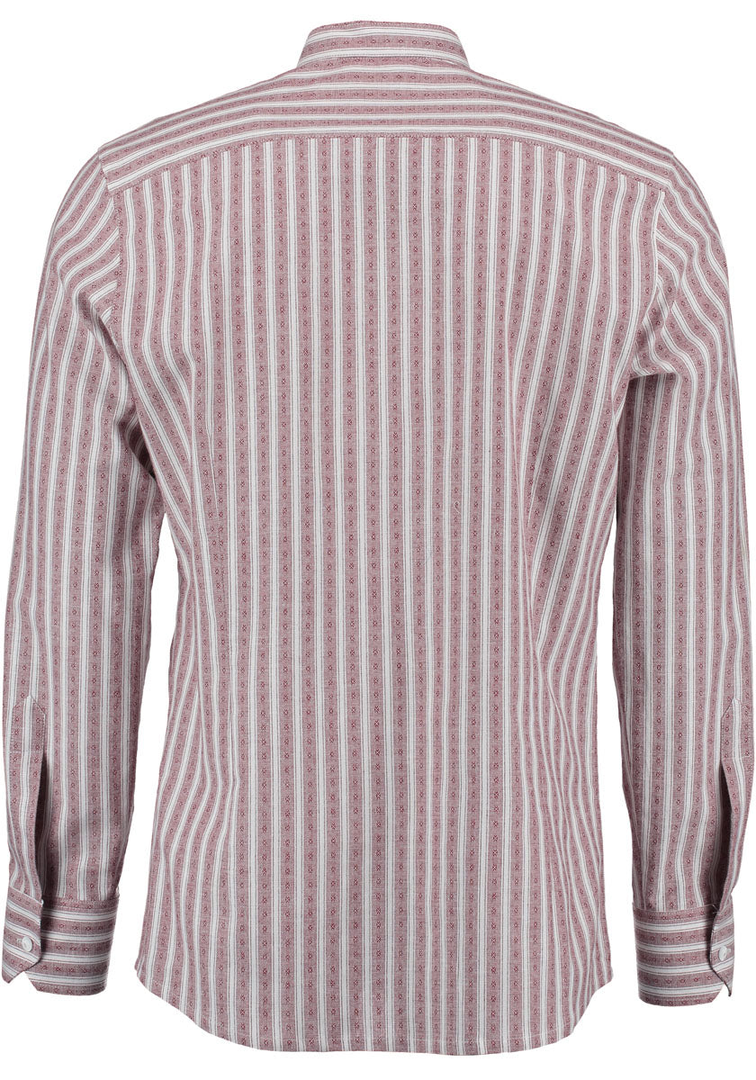 The back view of a Red and white striped shirt with a high collar on a white background