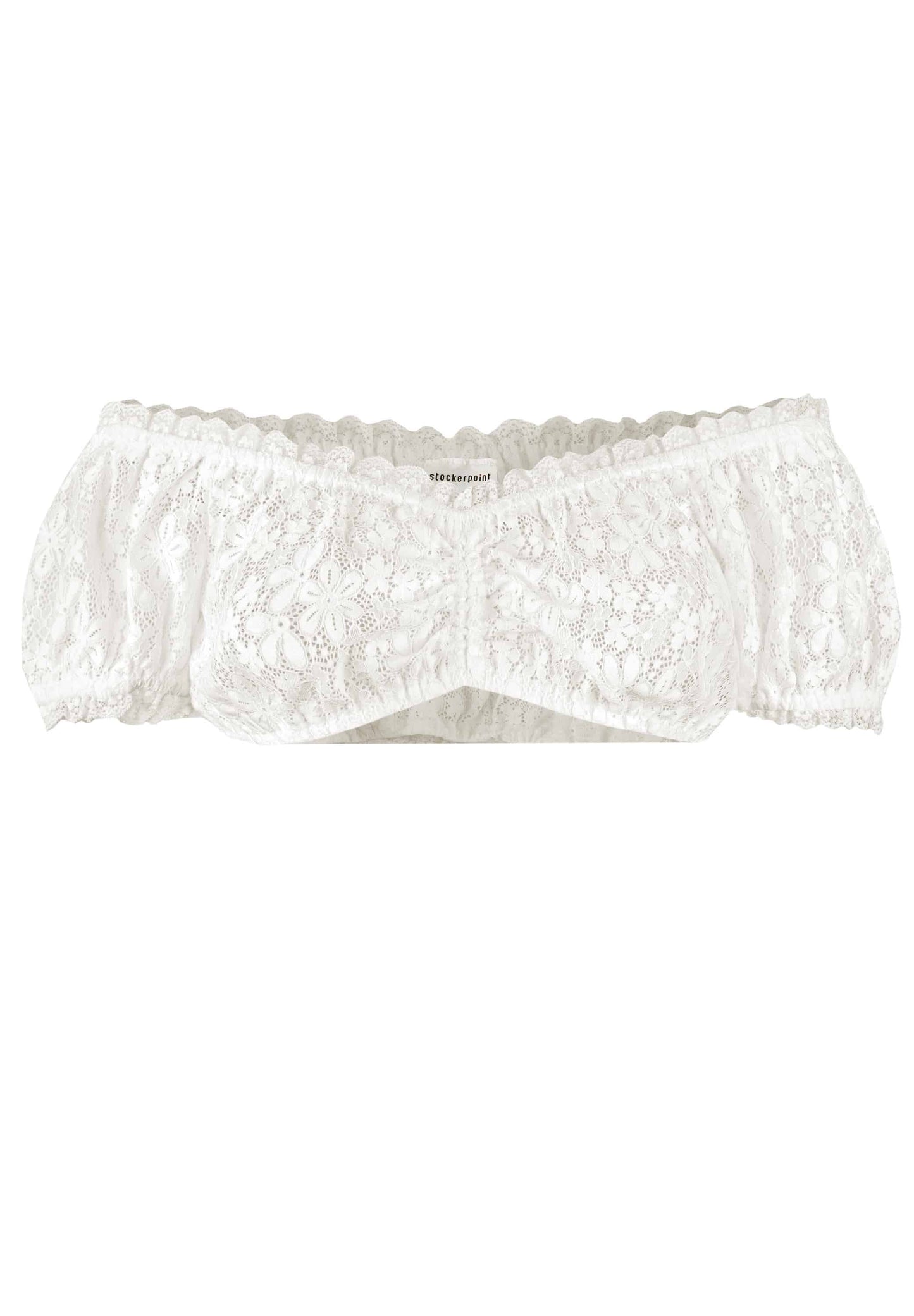 a white Bavarian dirndl blouse with lace details and off the shoulders short puffed sleeves.