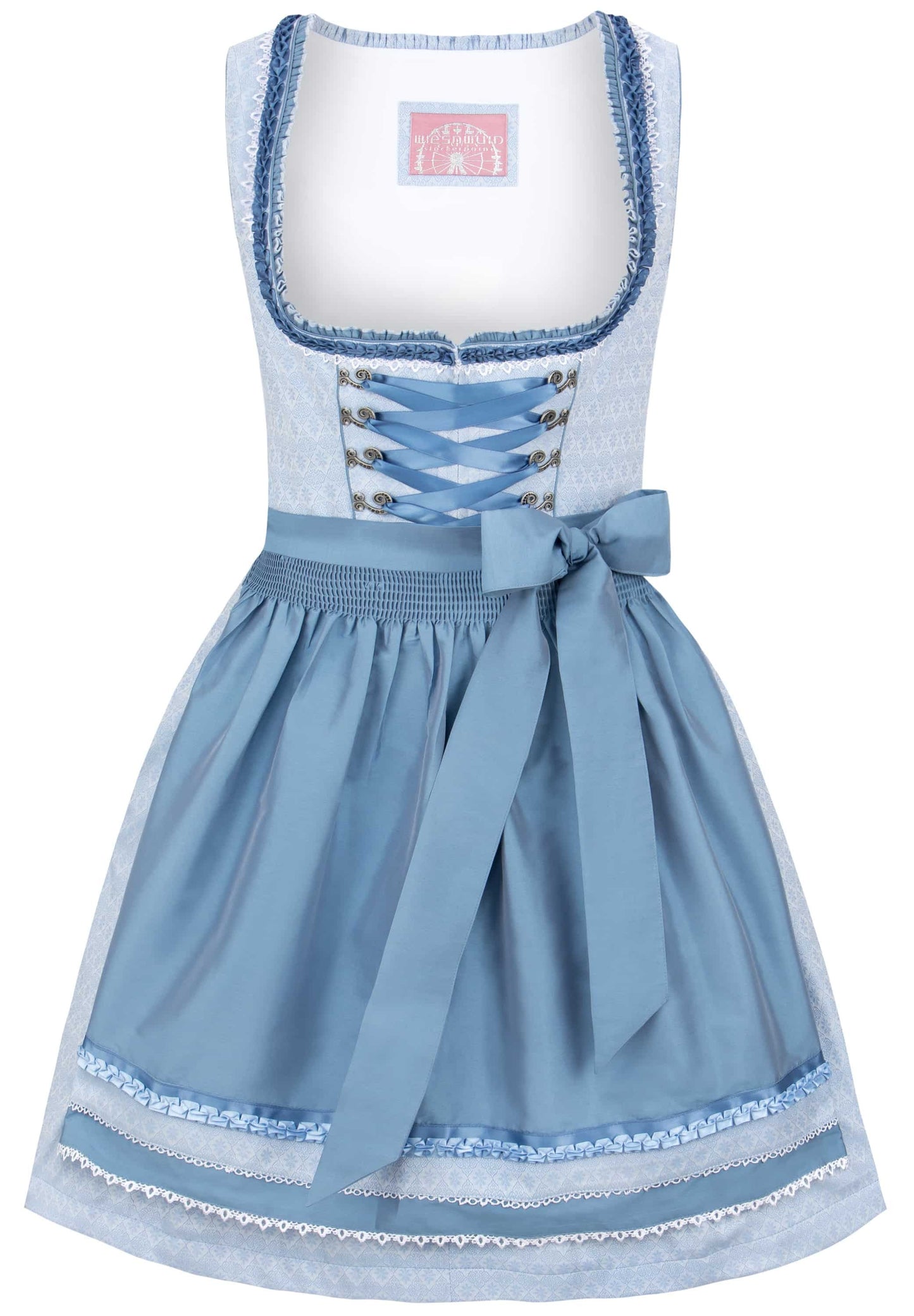 A light blue dirndl dress with a white bodice, lace-up front, and a matching blue sash bow at the waist, shown against a plain white background.