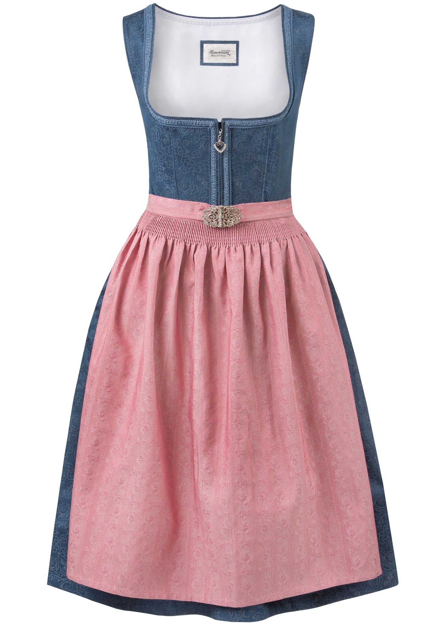 a blue dirndl that zips up the front with a rose colored apron and a metal buckle.