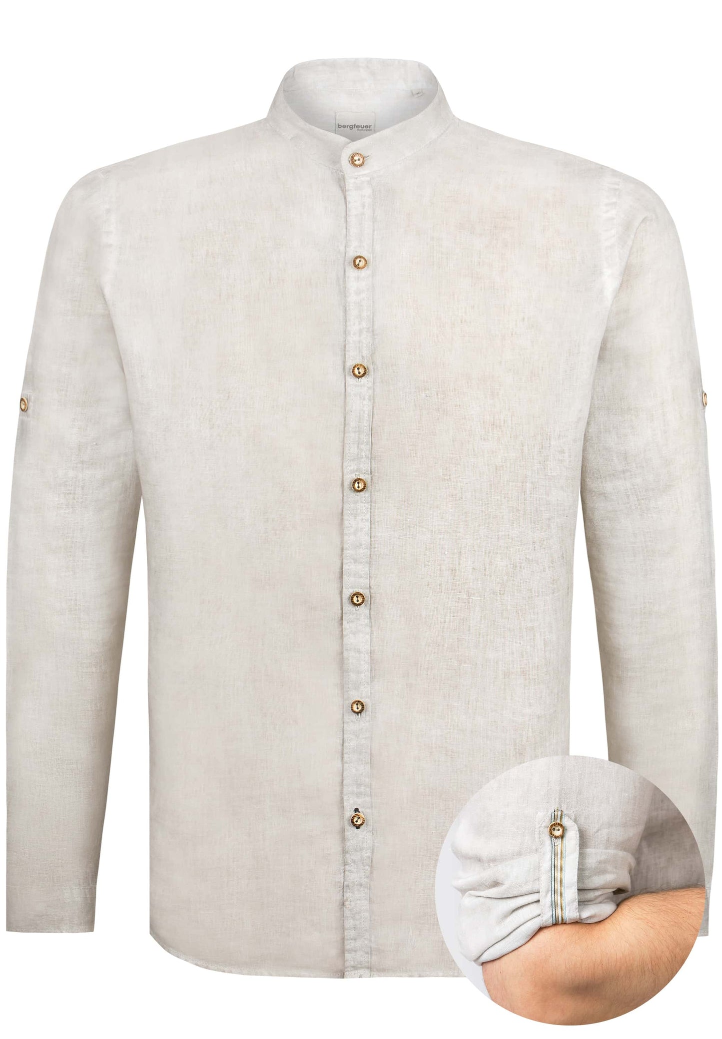 Hemp colored men's linen shirt with horn like buttons with a button tab sleeve