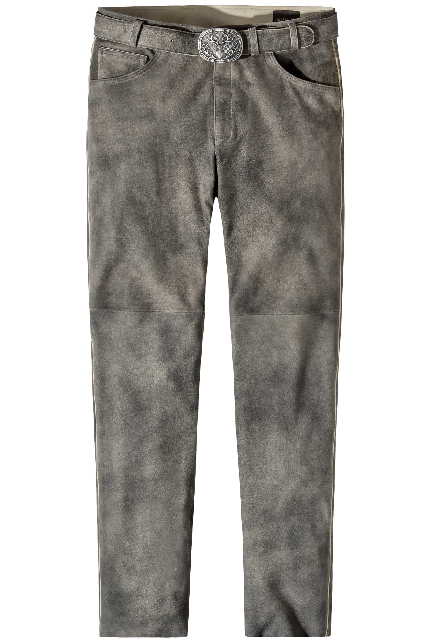 gray leather lederhosen pants on a white background