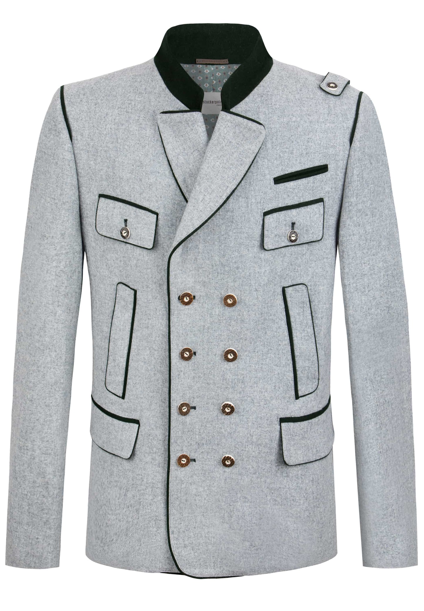 A light gray double-breasted blazer jacket with black piping, a black collar, and brown buttons, shown against a plain white background.