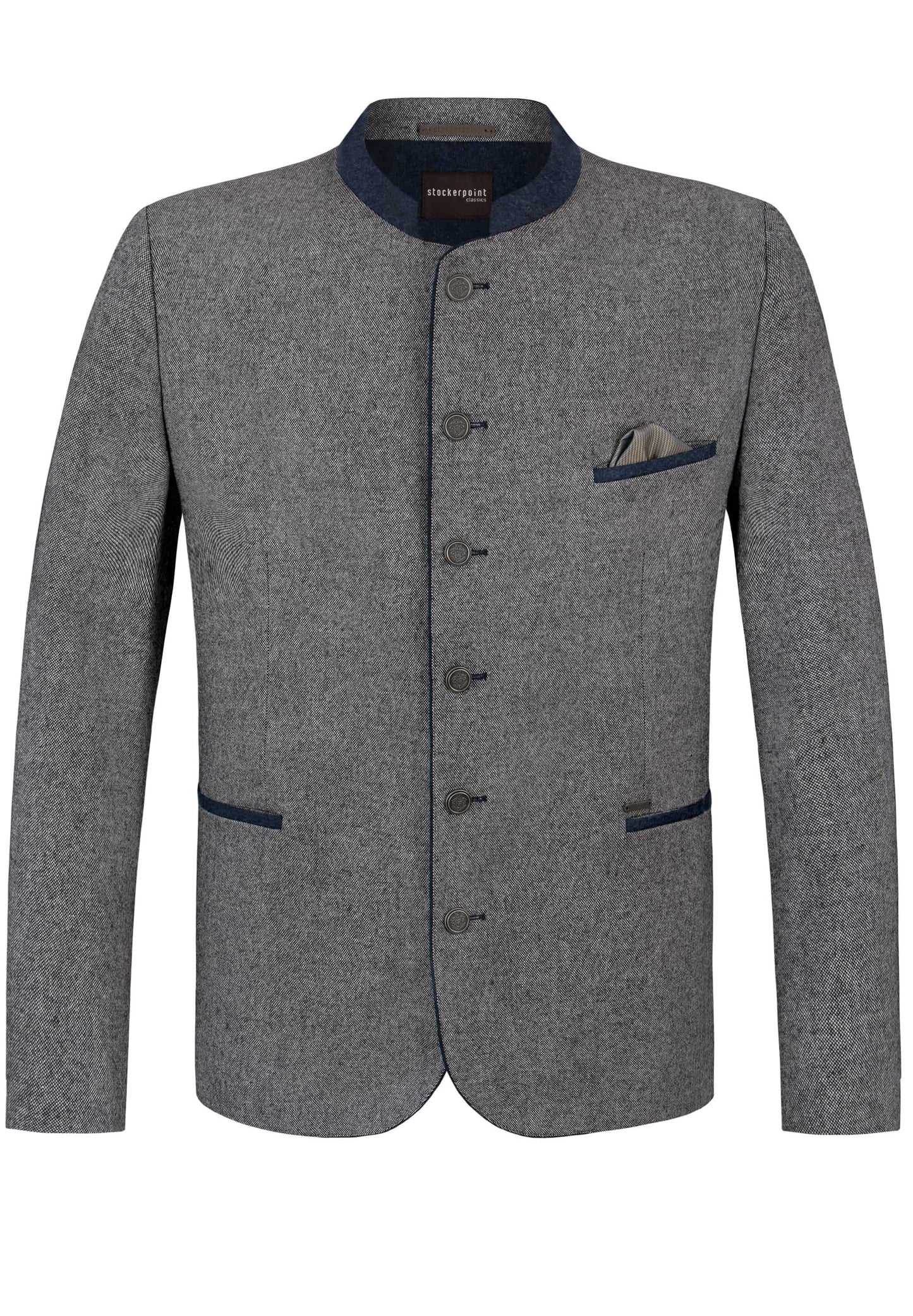 Gray blazer with navy accents on a white background