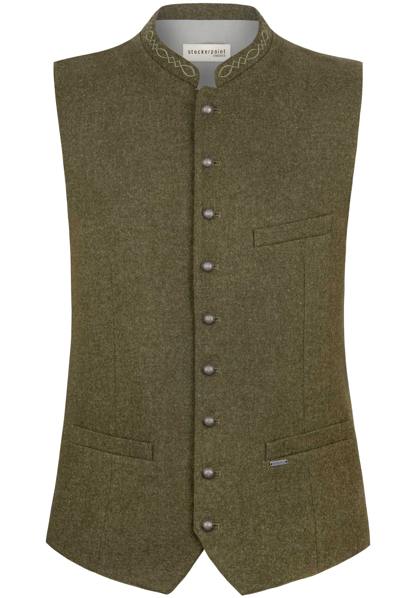 A traditional green wool vest with a stand-up collar, piping details, and silver button closures, designed for men.