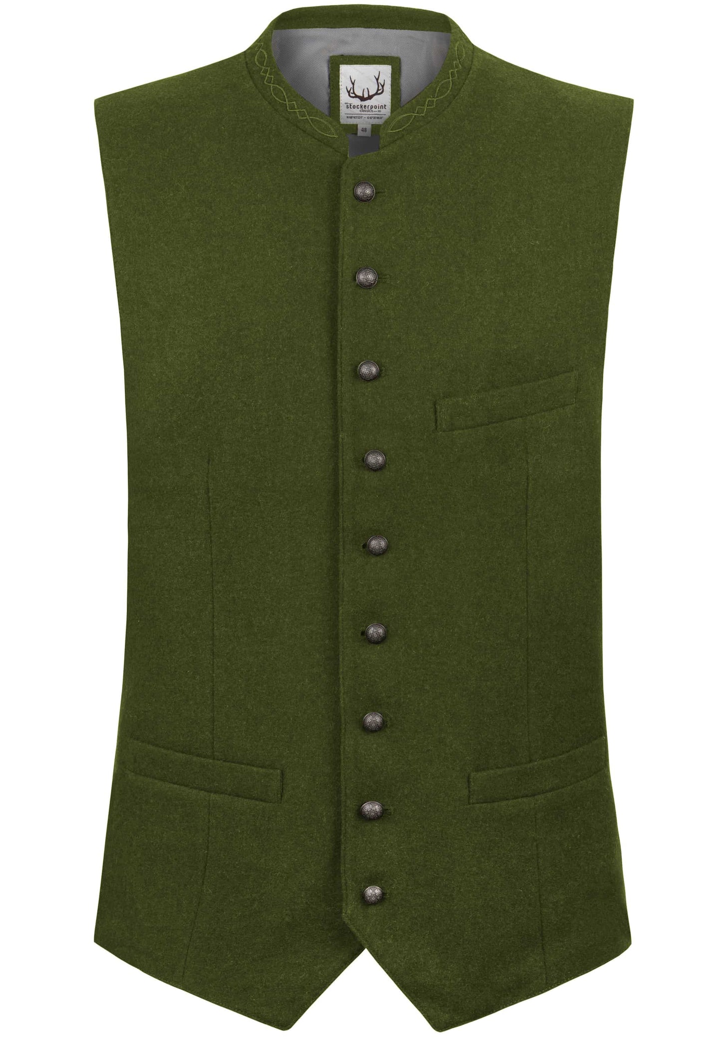 Green vest with button details on a white background