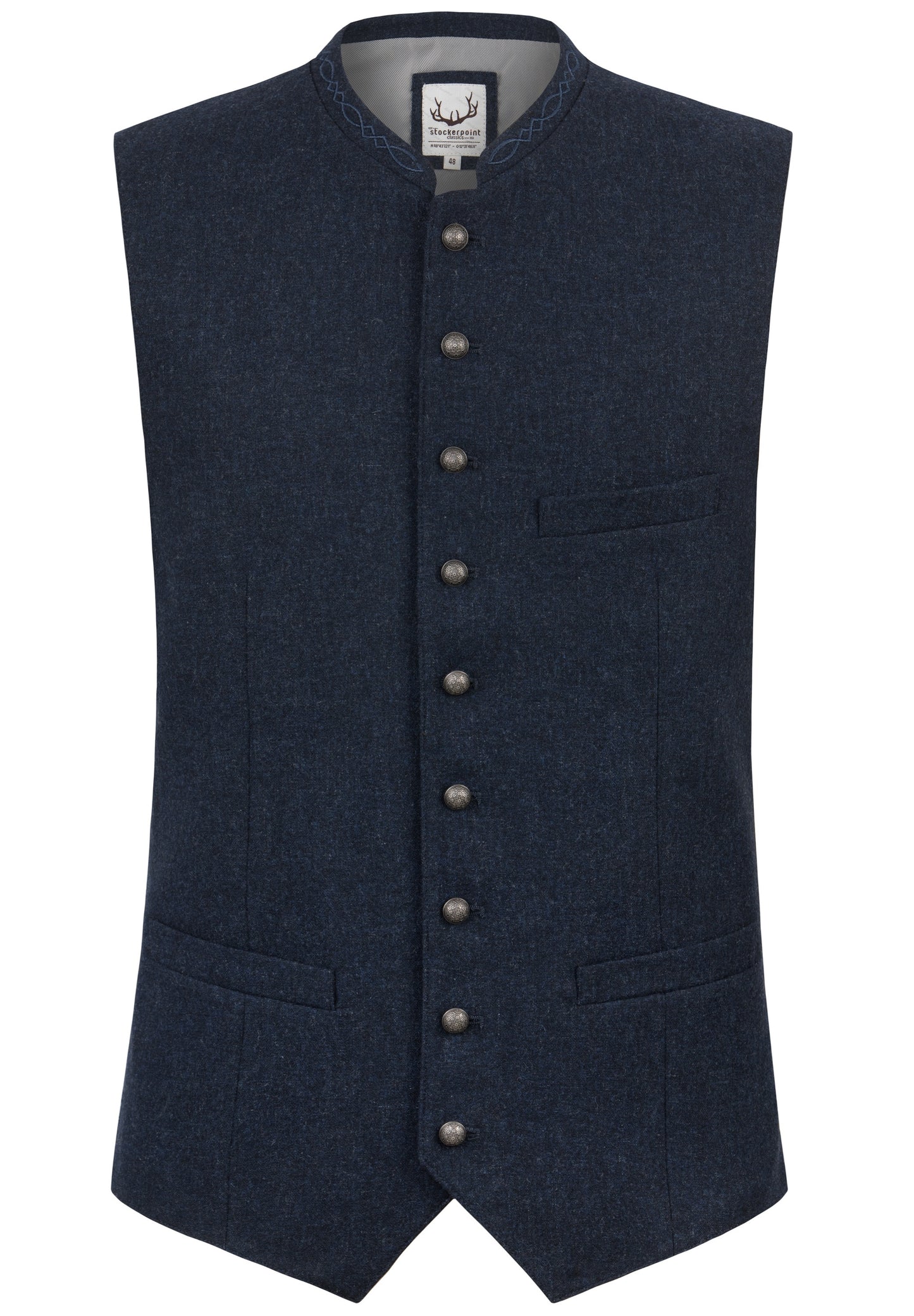 A traditional blue men's vest with a stand-up collar, button-up front, and a cotton back with an adjustable bar.