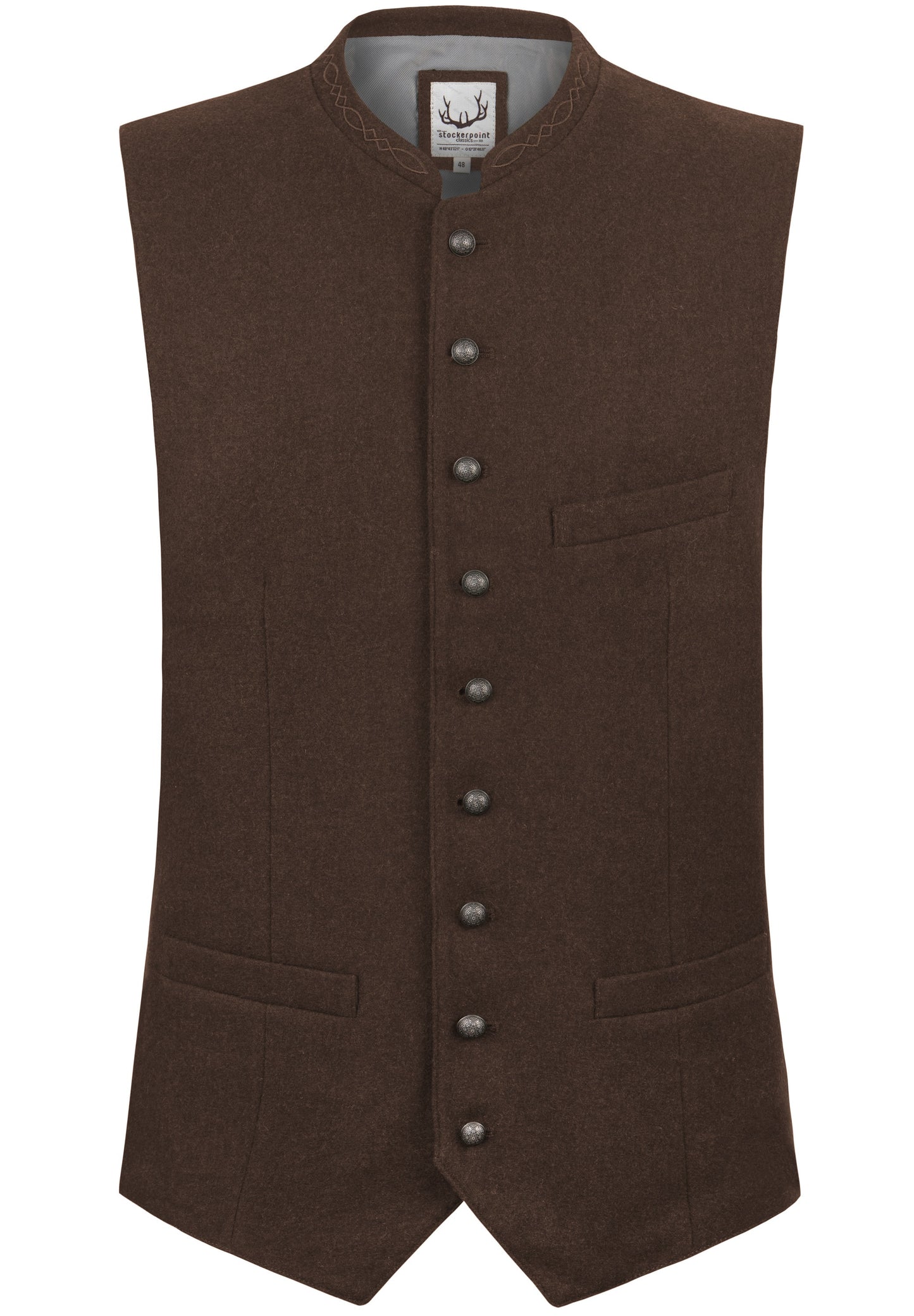 A Devito men's brown traditional costume vest with a stand-up collar, button-up front, and a patch pocket on the chest.