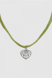 Silver Heart  Olive Velvet Necklace