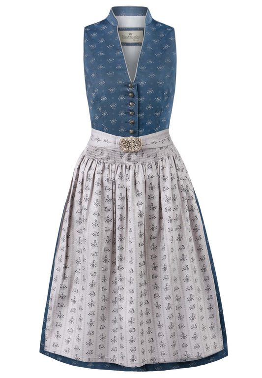 a blue dirndl with a gray apron that has buckle on the apron.