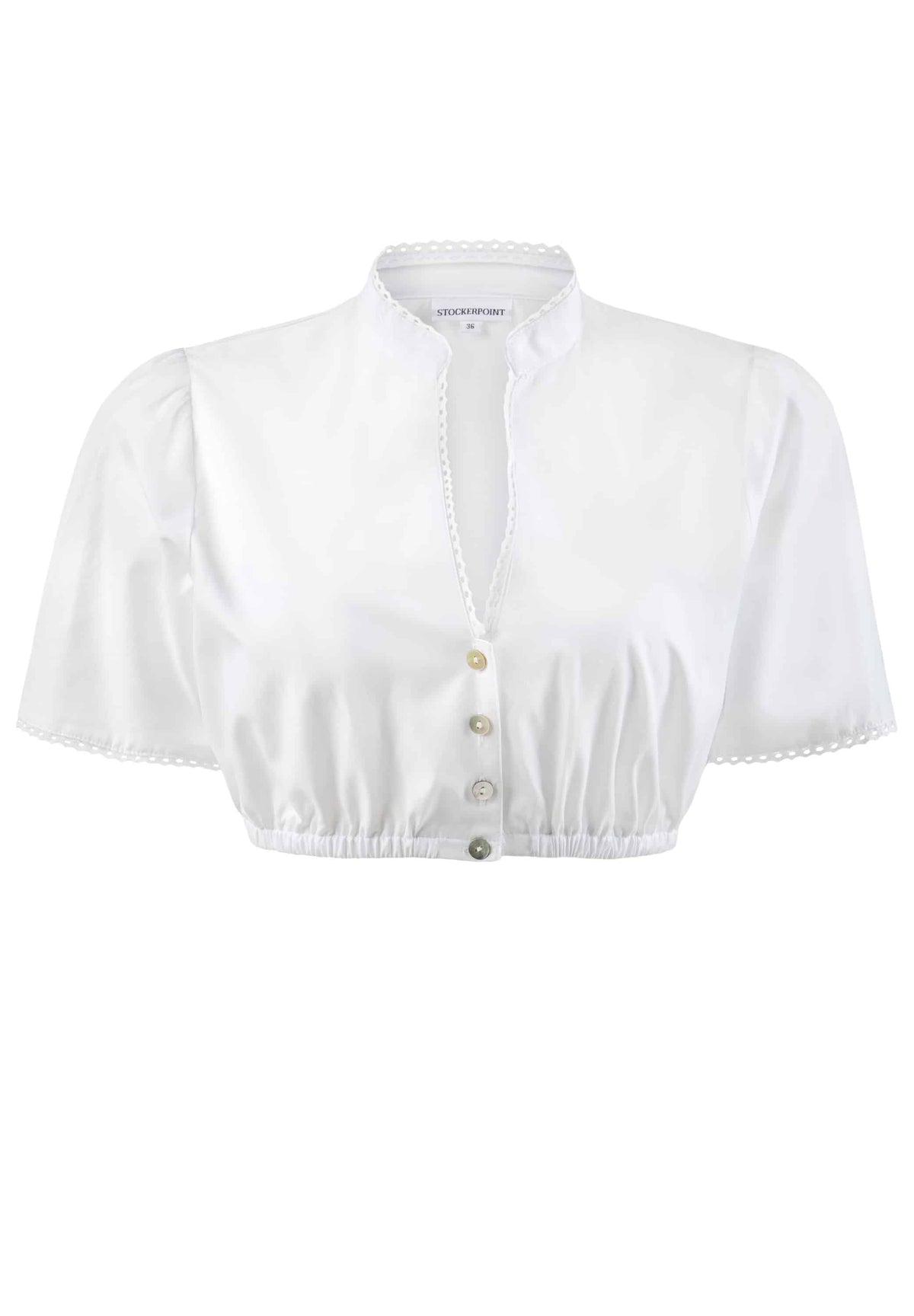 a white short-sleeved dirndl blouse with a V-neck and button-up front.