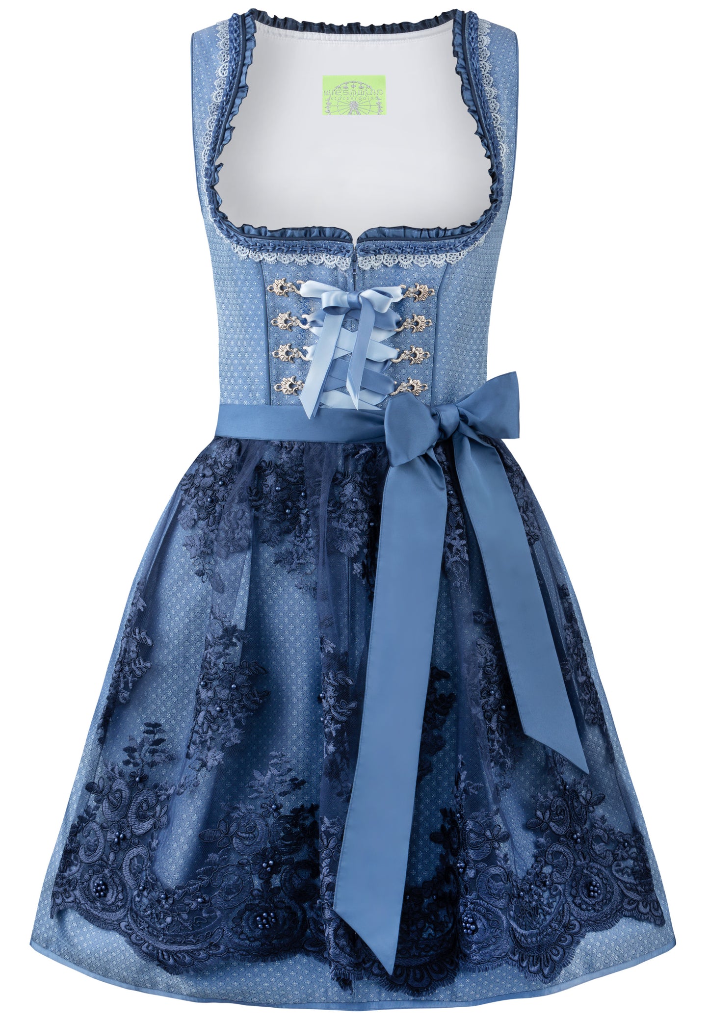 a traditional mini dirndl dress in blue with a pleated skirt and a floral patterned bodice, paired with a blue apron.