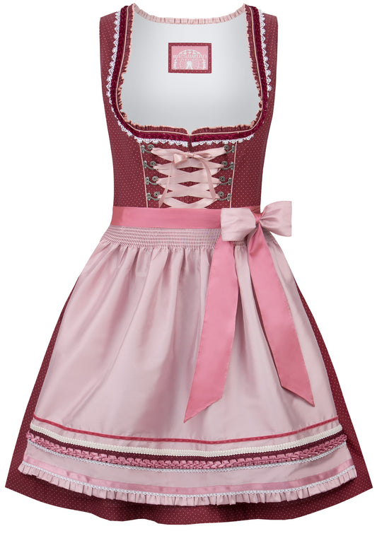 A traditional Asselfingen Women's Midi Dirndl featuring a pink and red checkered pattern with white polka dots, detailed with ruffles at the neckline and decorative trims. Includes a matching pink apron with a bow.