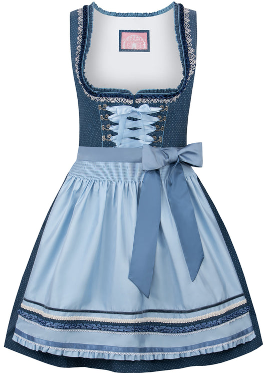 A traditional Aremberg Women's Midi Dirndl featuring blue color with white polka dots, ruffles at the neckline, decorative trims, and a color-coordinated apron.