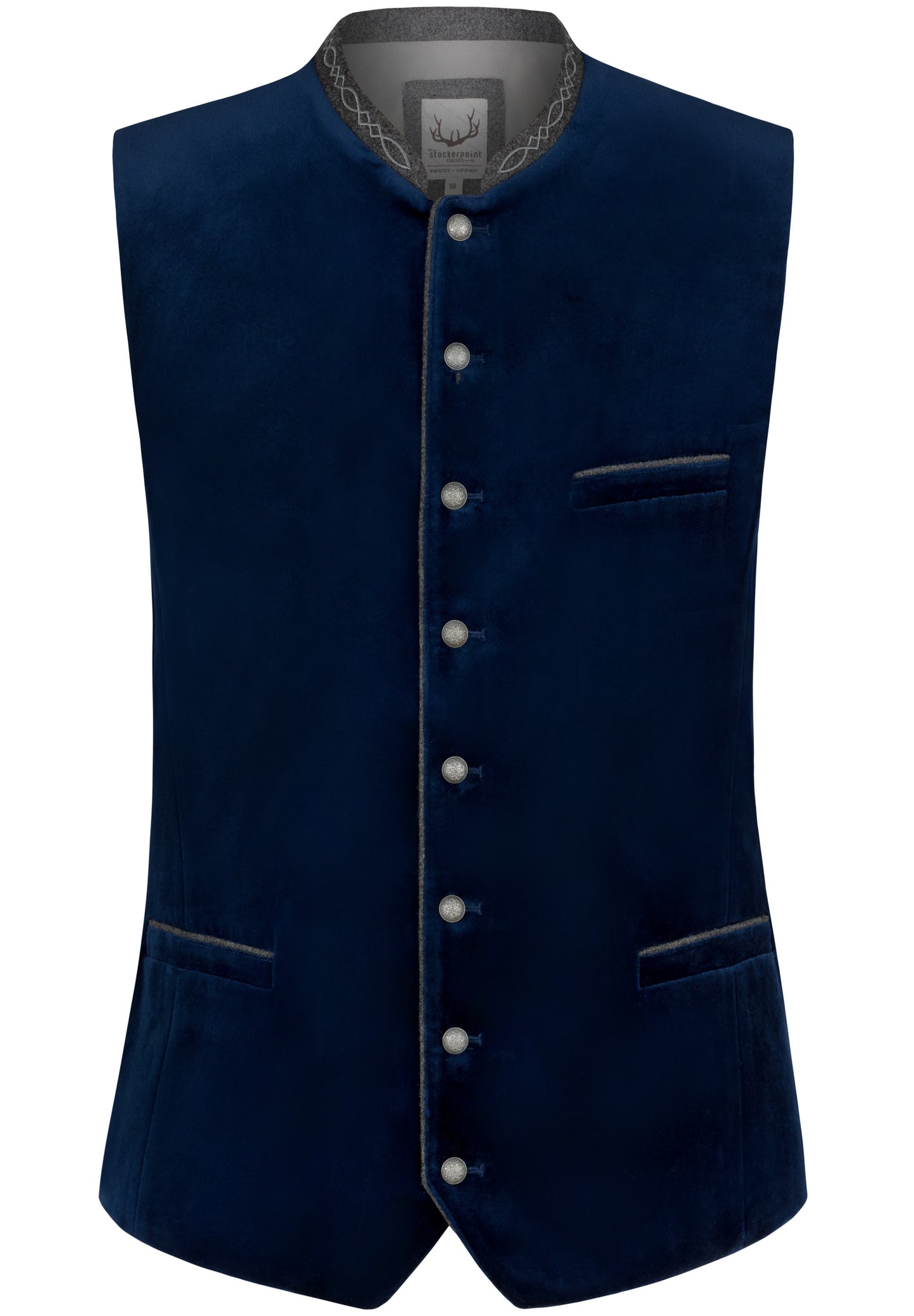 A traditional indigo blue men's vest with a stand-up collar, three pockets, and silver round knob buttons.