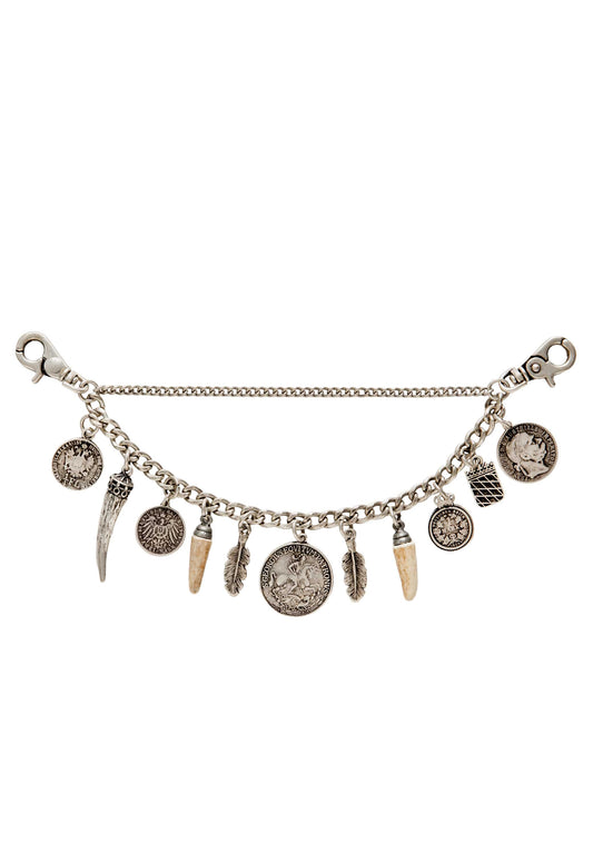 Silver charivari to wear with lederhosen  with various charms on a white background