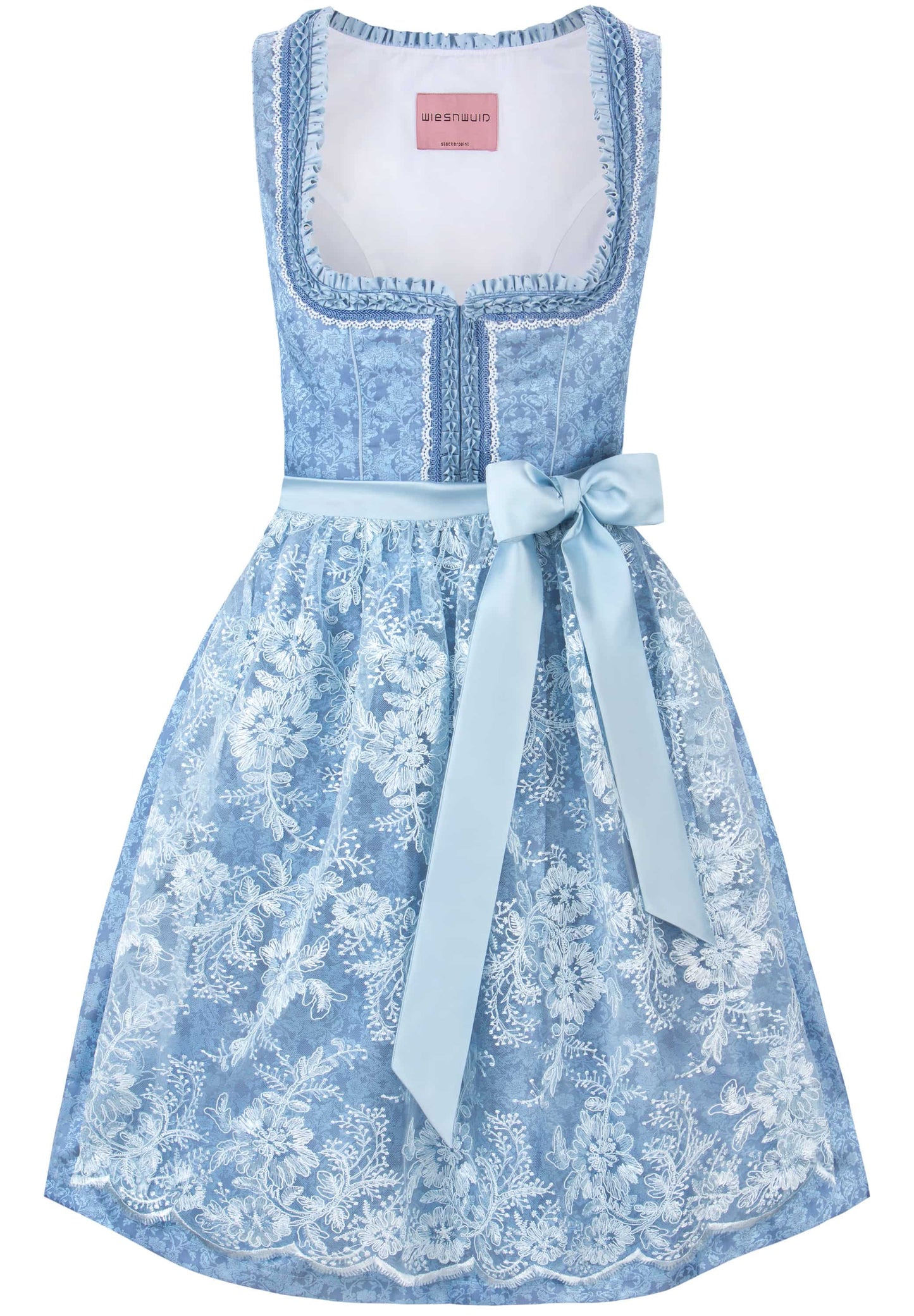 A light blue sleeveless dress with a white floral lace overlay, featuring a scoop neckline with ruffled trim, a matching light blue waistband with a large bow, and a flared skirt.