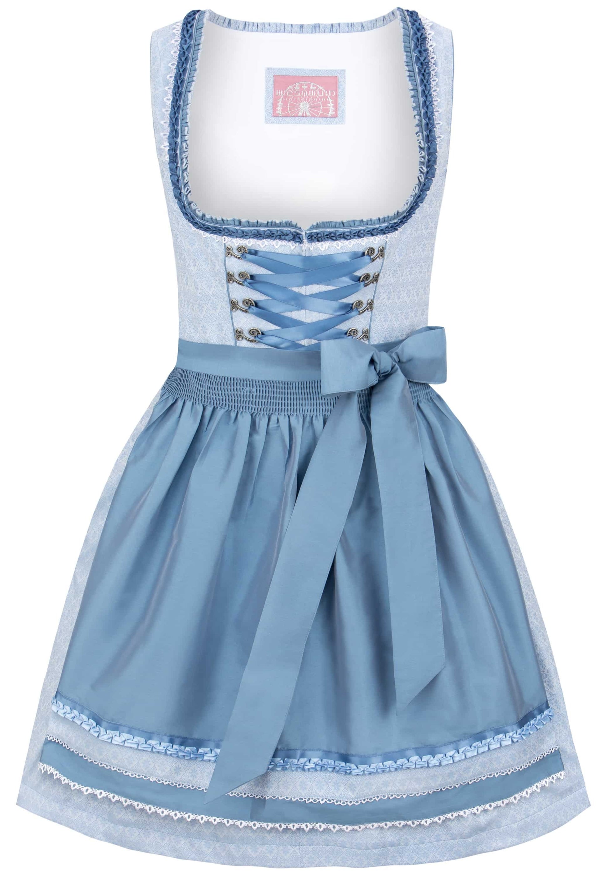 A light blue dirndl dress with a white bodice, lace-up front, and a matching blue sash bow at the waist, shown against a plain white background.
