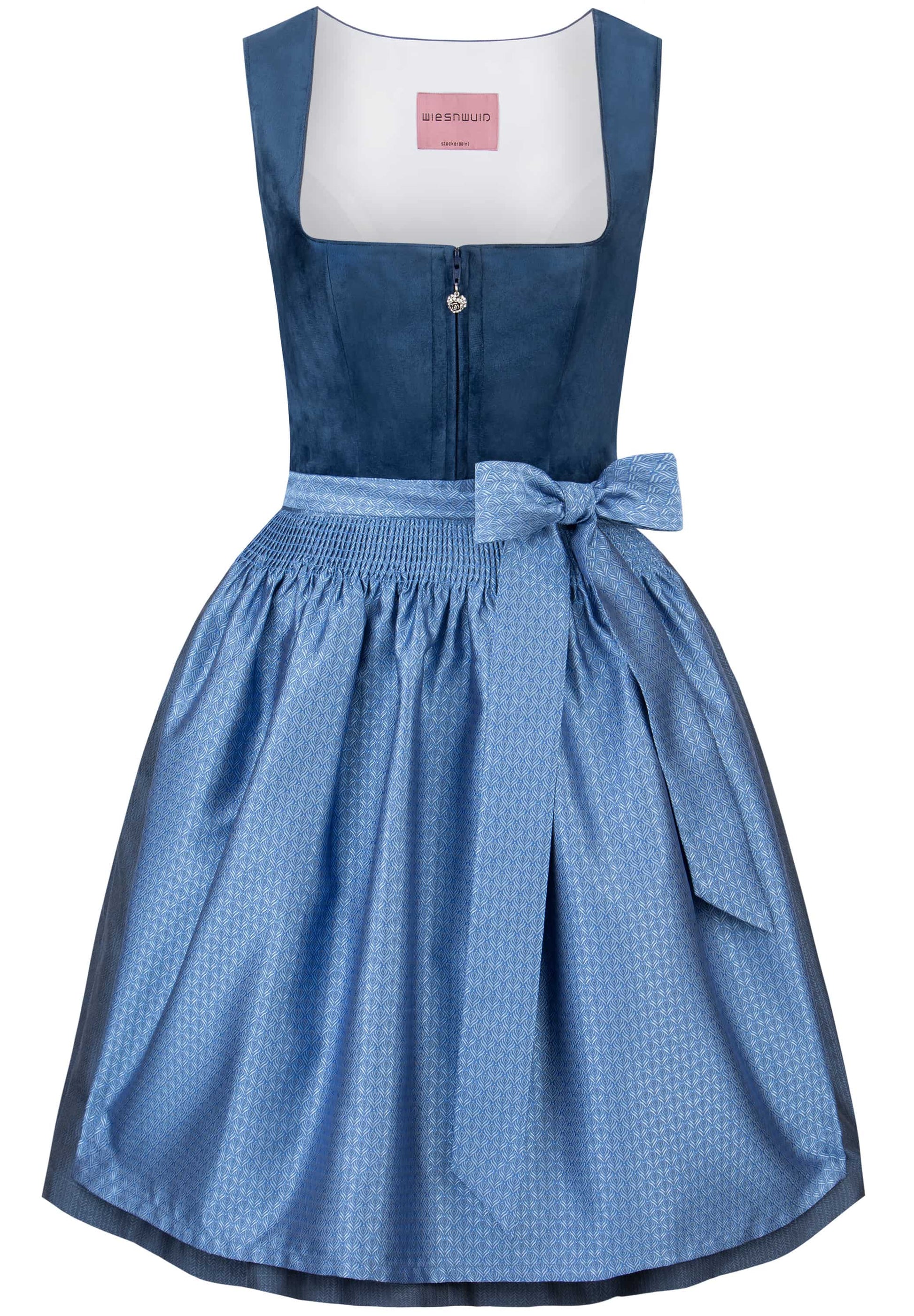 A sleeveless blue dress with a white square neckline, a dark blue bodice, a smocked waist with a tied bow, and a light blue patterned skirt, shown on a white background.