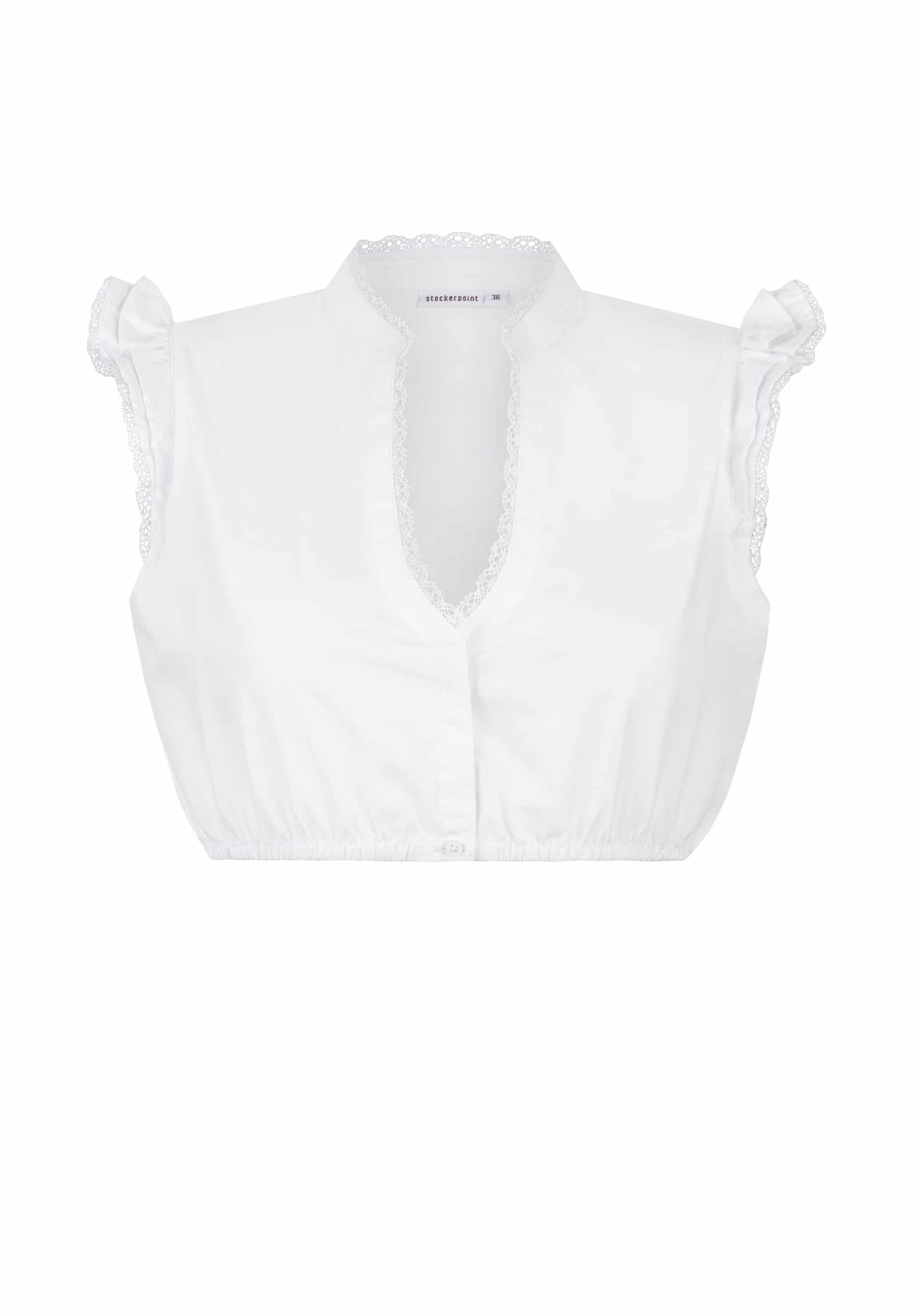 A white sleeveless crop top with ruffled cap sleeves, a deep V-neckline, and delicate lace trim, shown against a plain white background.