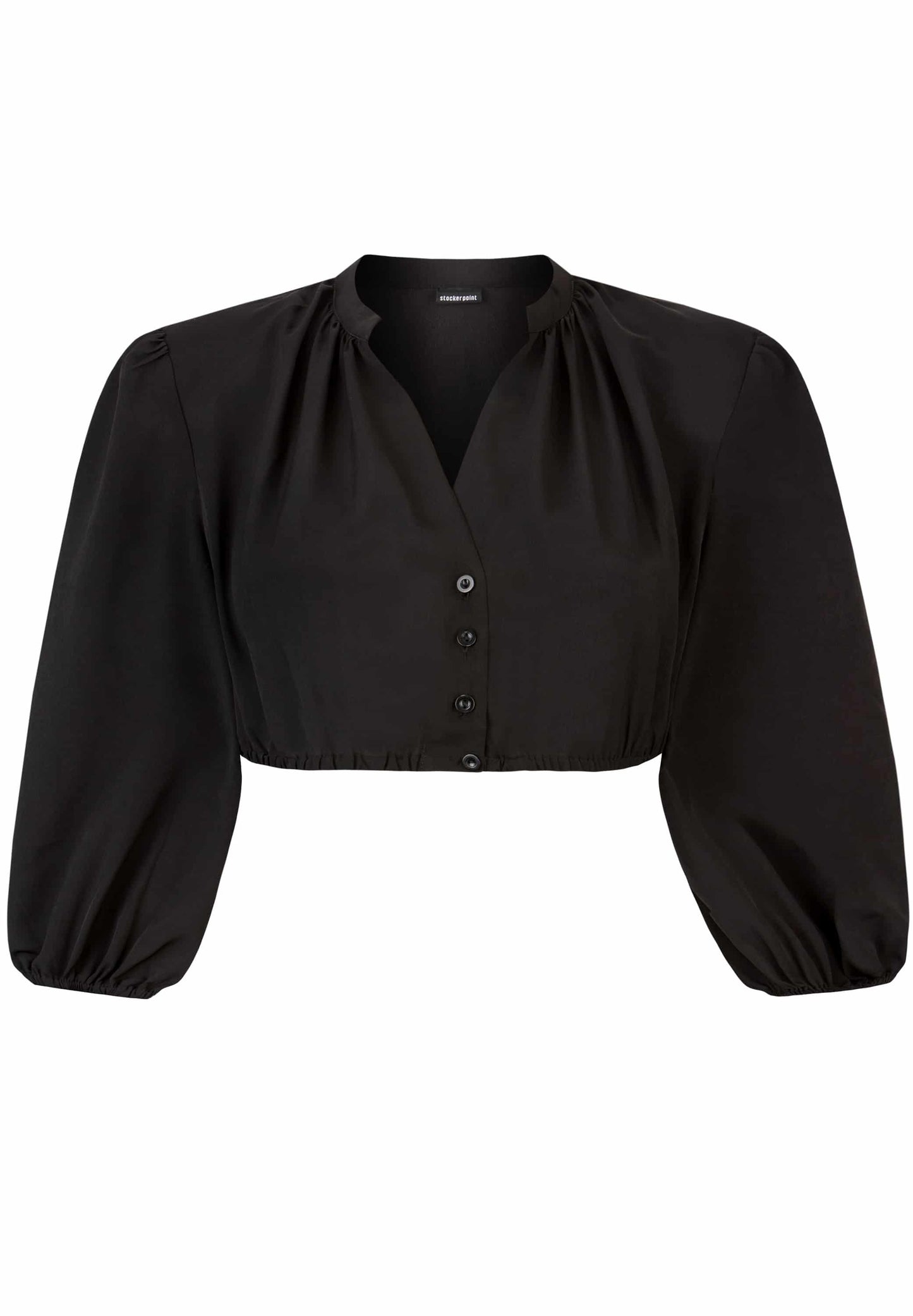 A black long-sleeve blouse with a gathered, pleated V-neckline and a button-up front, displayed on a clean white background.