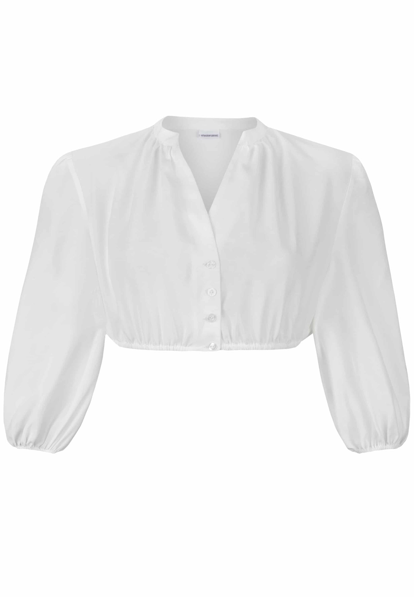 A white long-sleeve cropped blouse with a gathered, ruffled V-neckline and button-front closure, displayed on a clean white background.