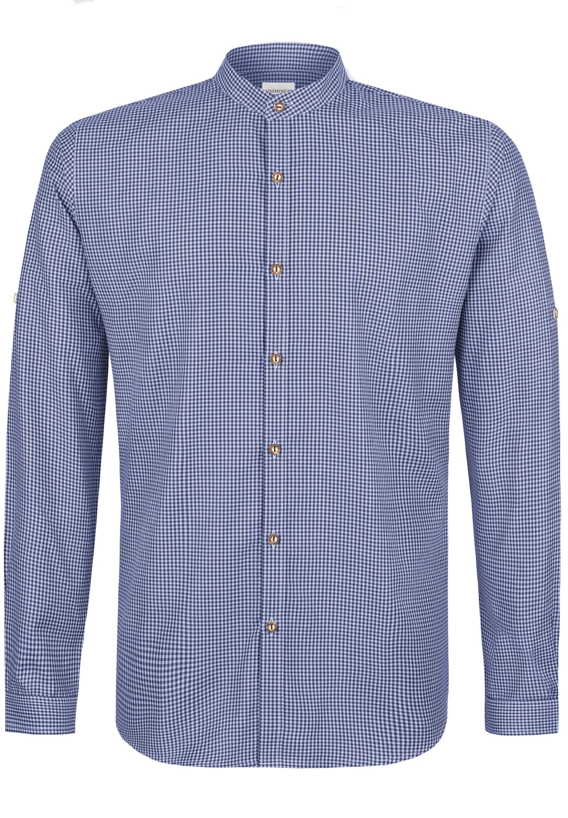 Blue checkered shirt with a collar on a white background