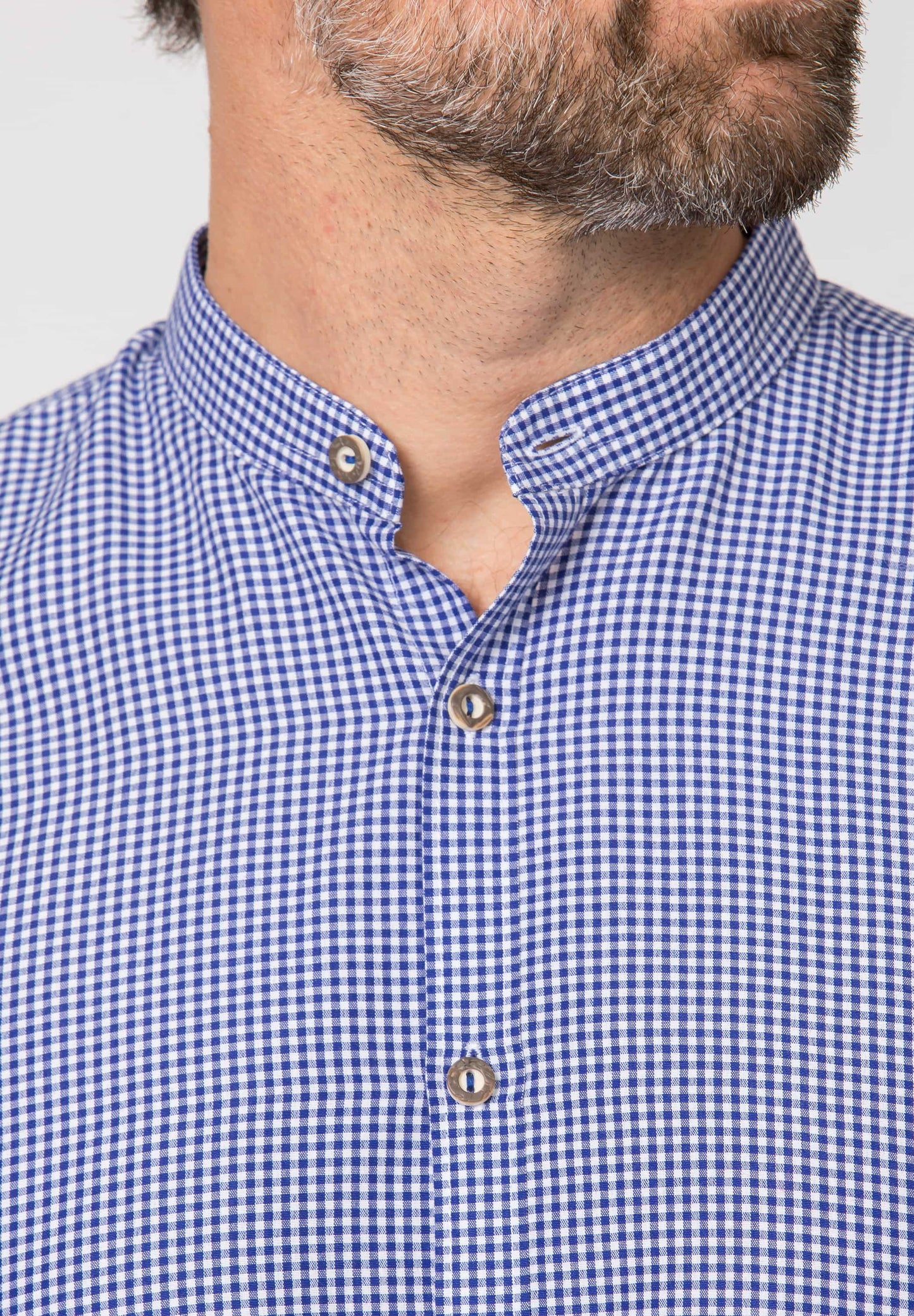 Close-up of a person wearing a blue and white checkered shirt with a collar.
