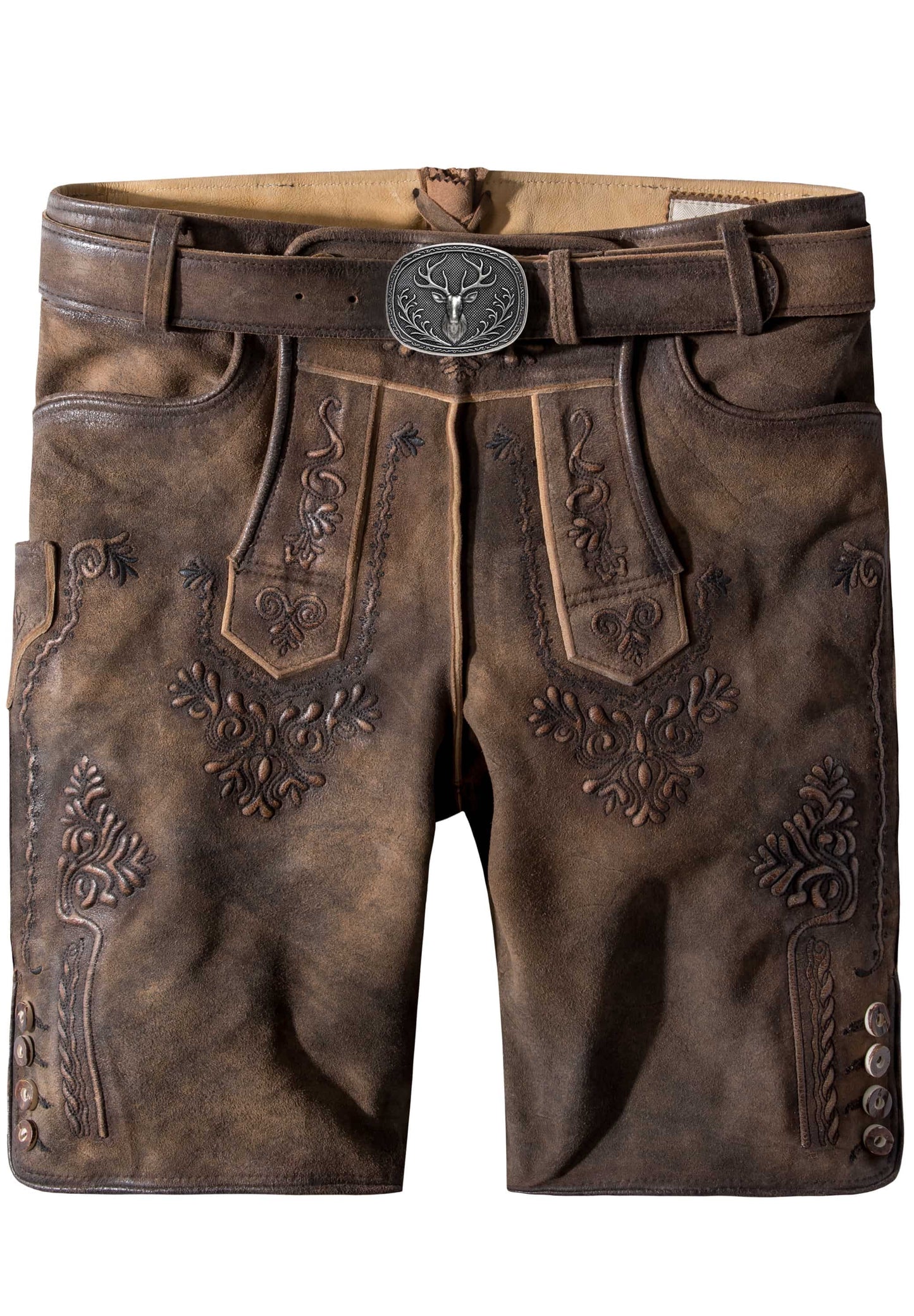 Brown leather shorts with decorative stitching and a belt on a white background