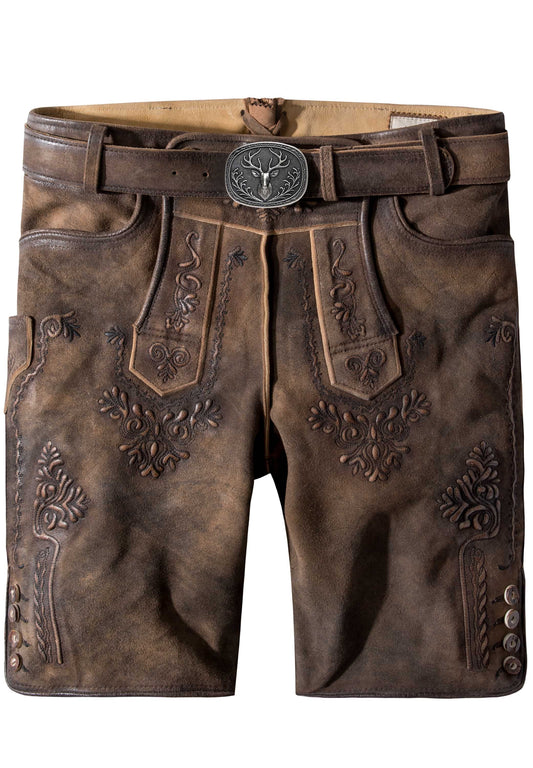 Brown leather shorts with decorative stitching and a belt on a white background