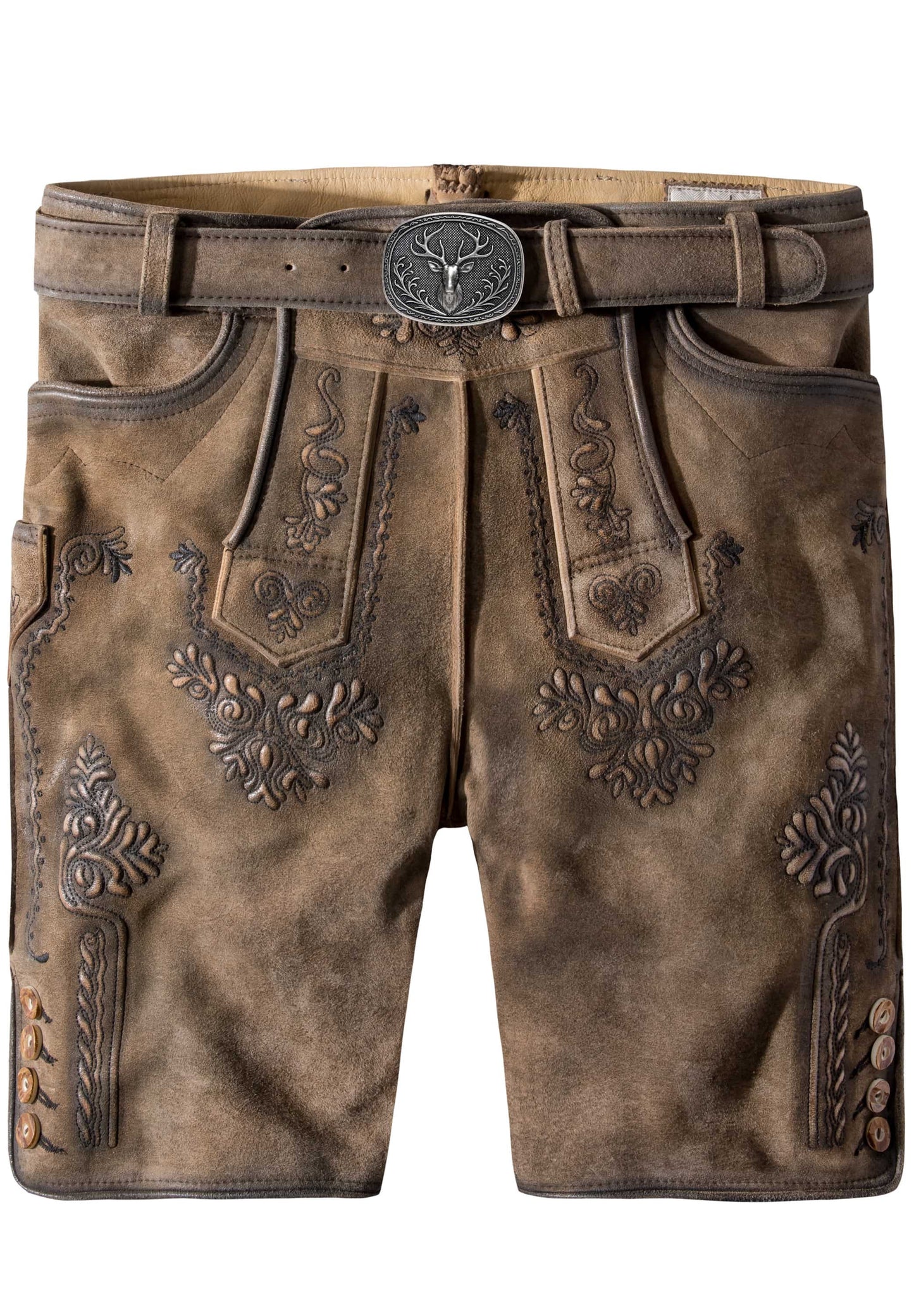 Brown leather shorts with embossed floral details, a matching belt, and a decorative silver buckle featuring a deer head.
