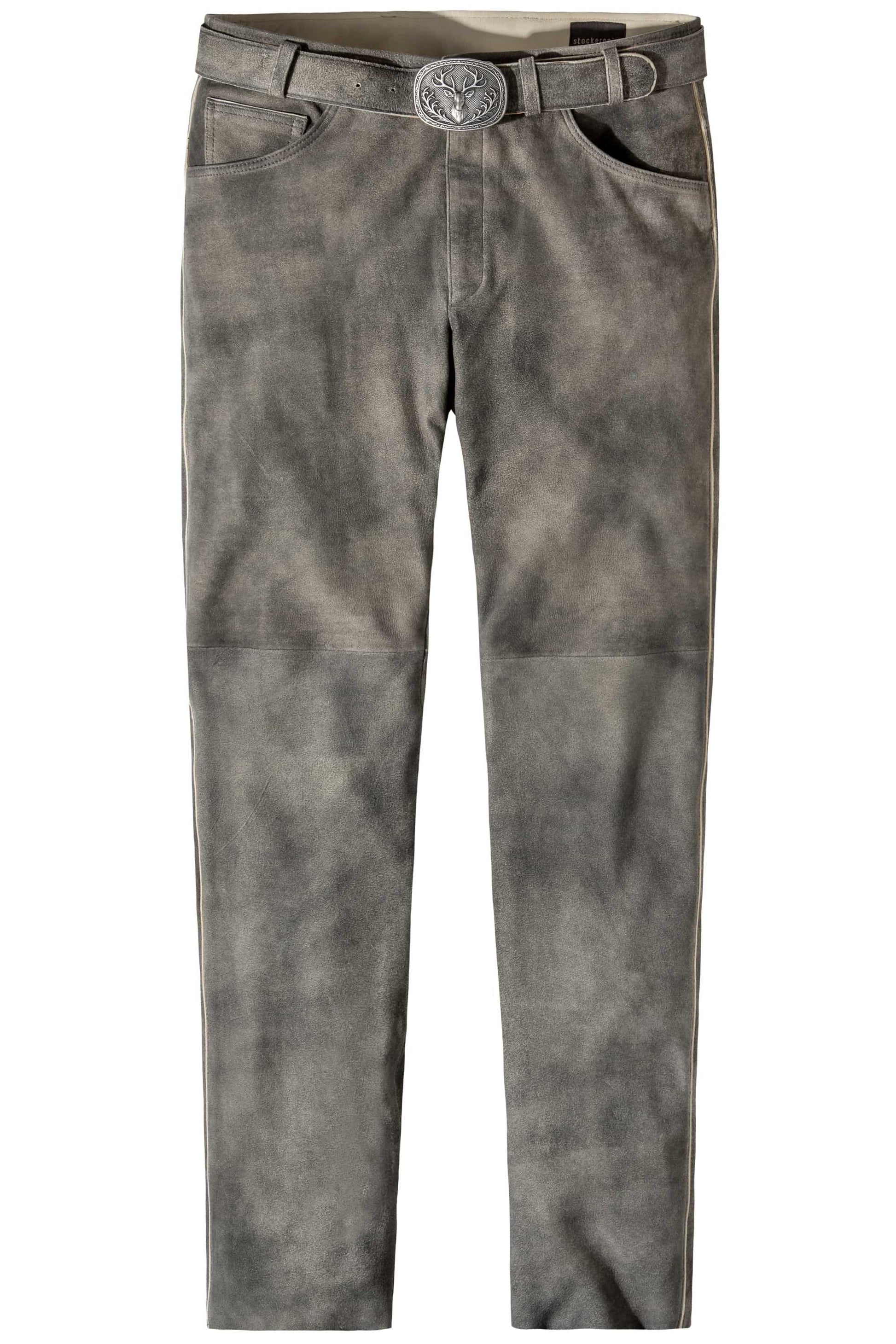  gray leather lederhosen pants on a white background