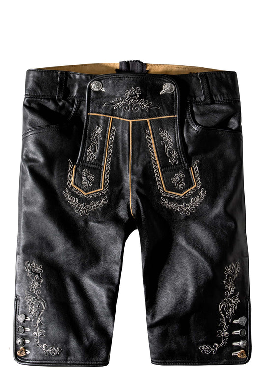 Black women's  lederhosen leather shorts with intricate embroidery on a white background