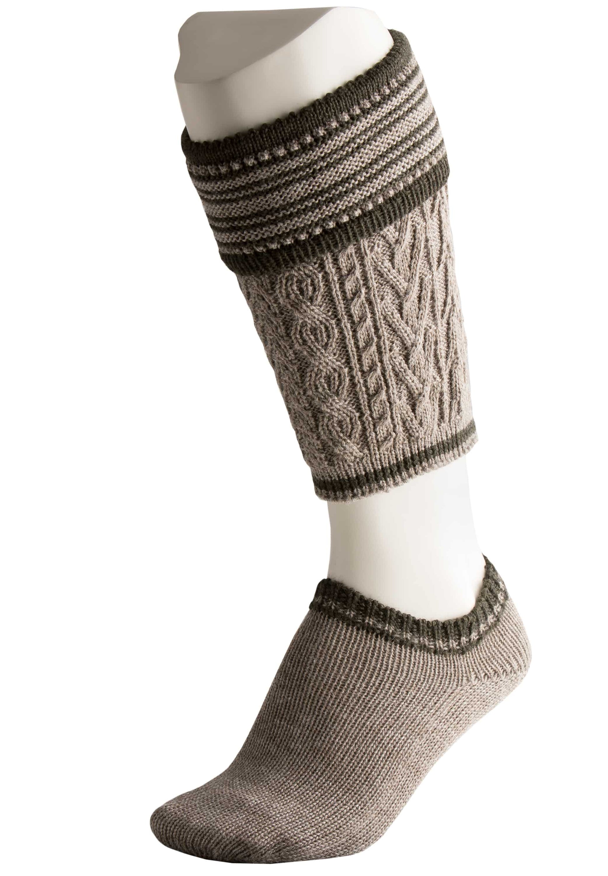 Knitted  2 piece loferl German  socks on a mannequin against a white background