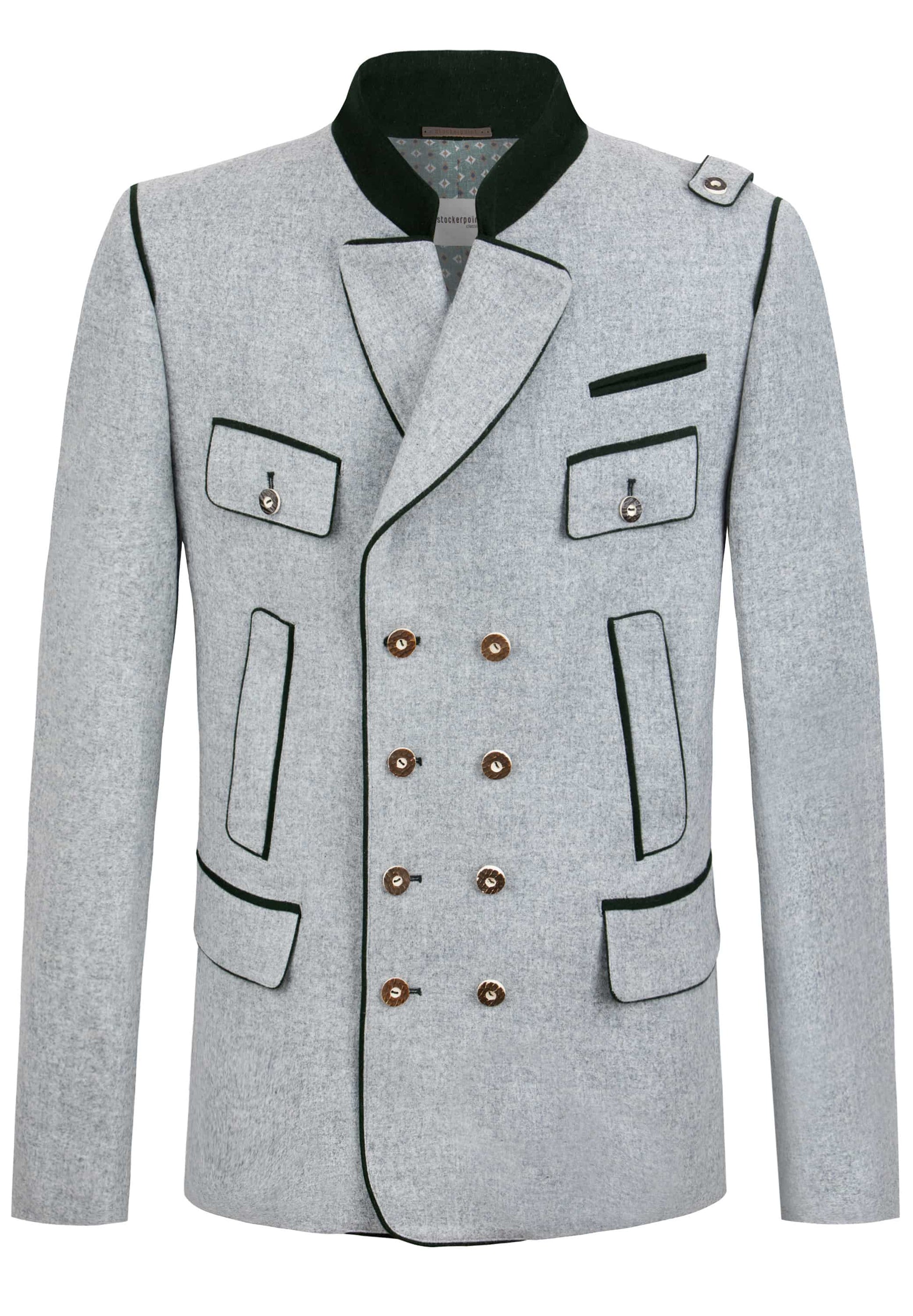 A light gray double-breasted blazer jacket with black piping, a black collar, and brown buttons, shown against a plain white background.