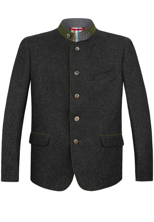 Dark gray blazer with button details on a white background