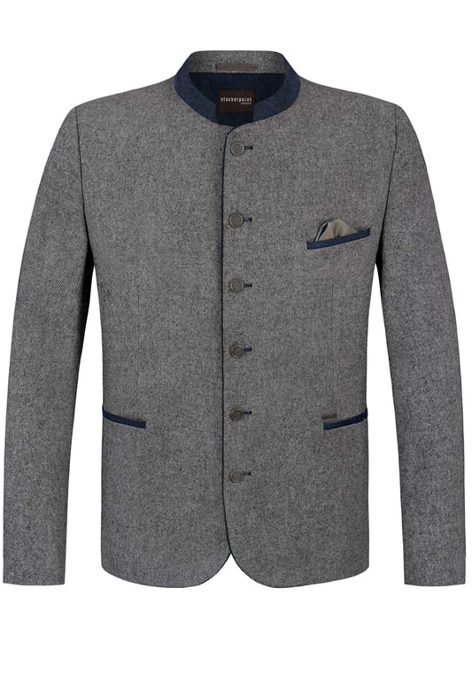Gray blazer with navy accents on a white background