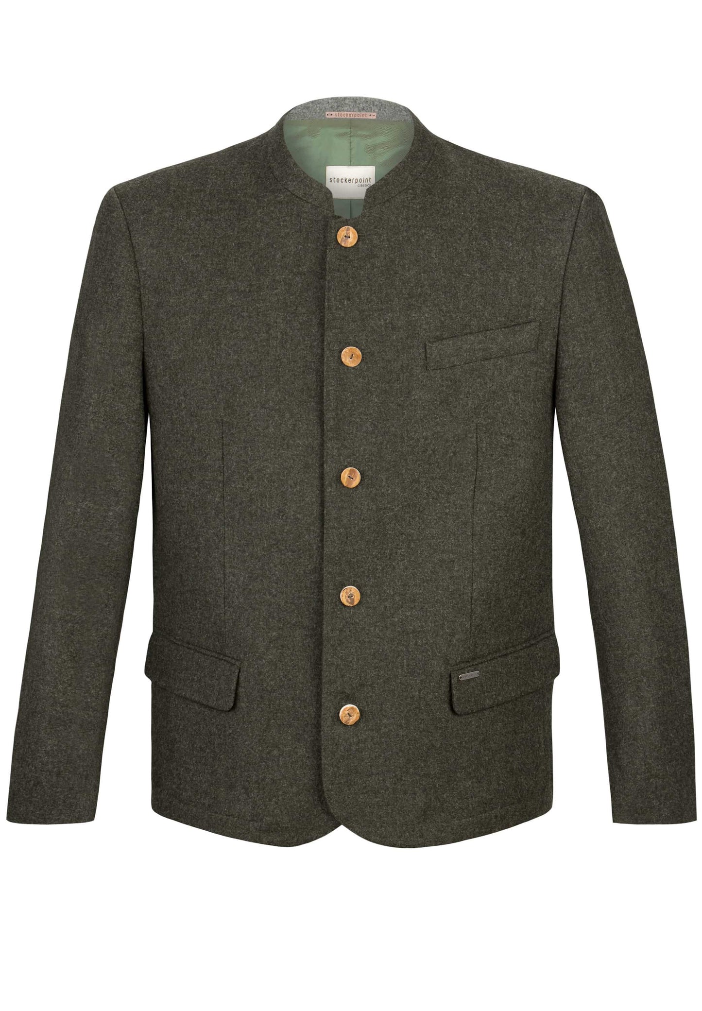 Dark green jacket with wooden buttons on a white background