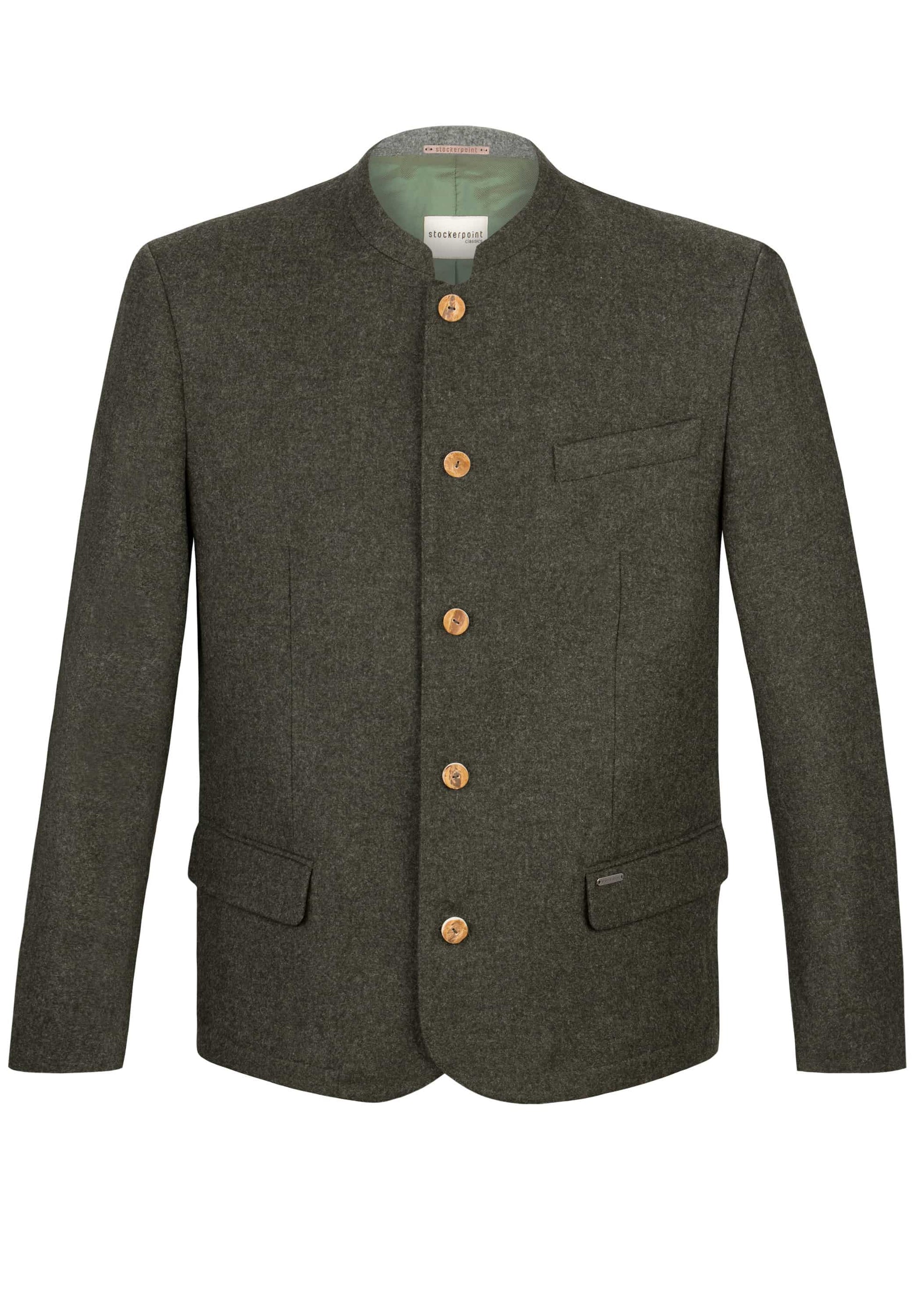Dark green jacket with wooden buttons on a white background