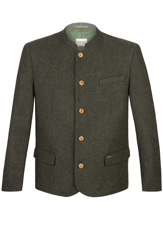 Dark green jacket with wooden buttons on a white background