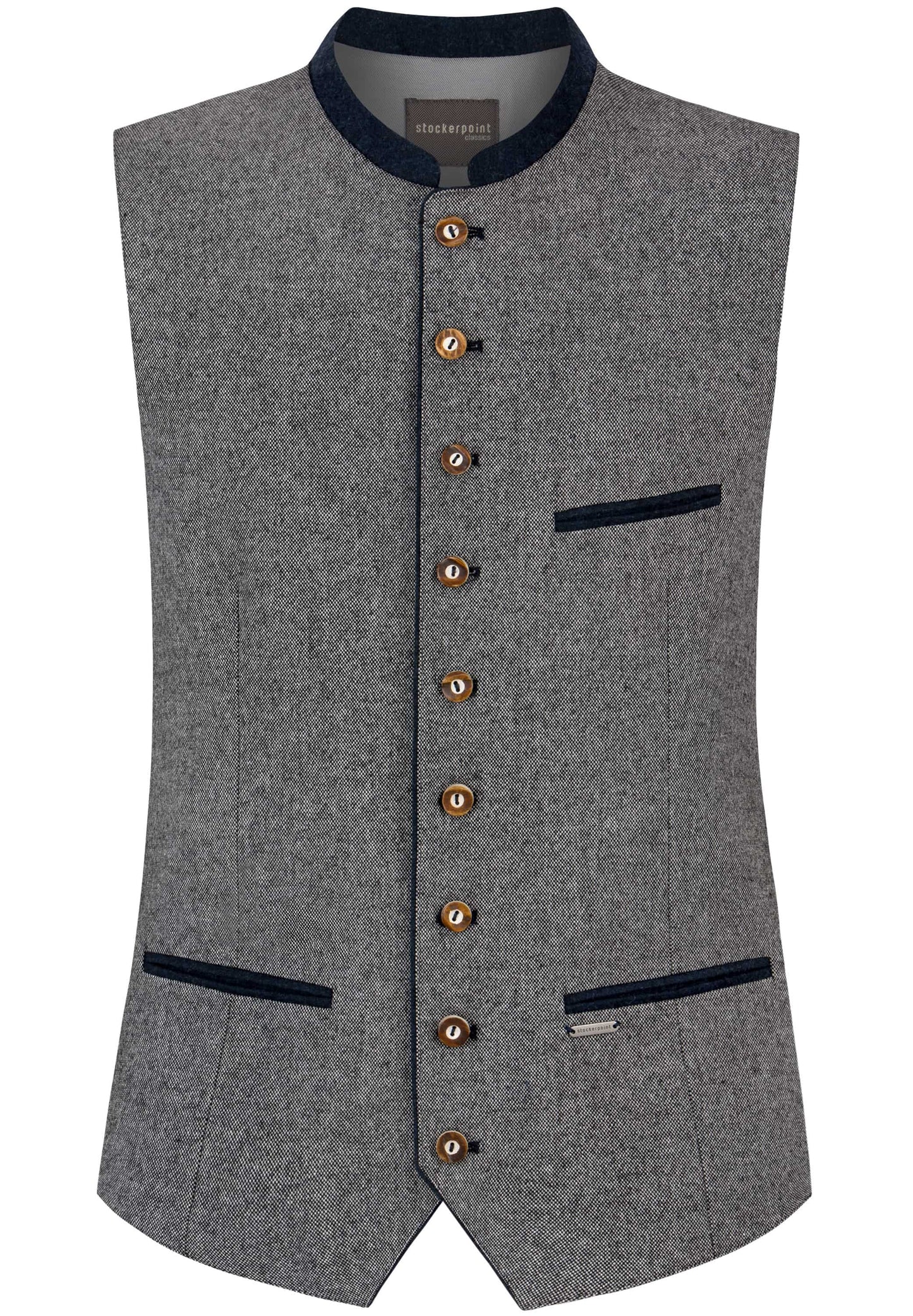 A gray textured waistcoat vest with dark navy blue trim on the collar, pocket flaps, and button placket, featuring brown decorative buttons.