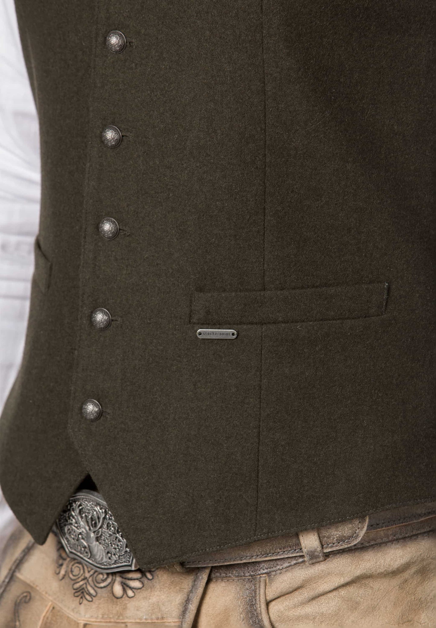 Brown vest with buttons and a pocket on a white background