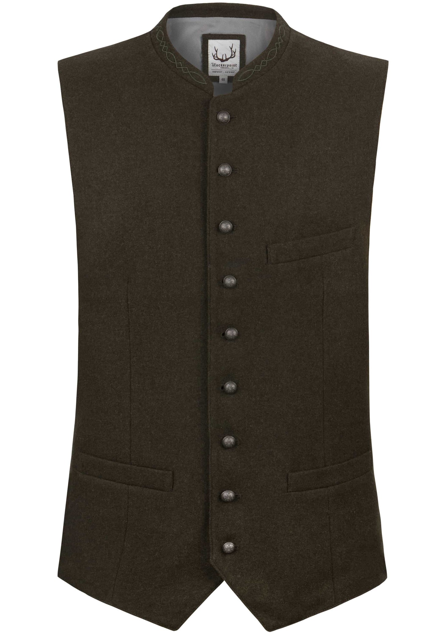 Brown vest with button details on a white background
