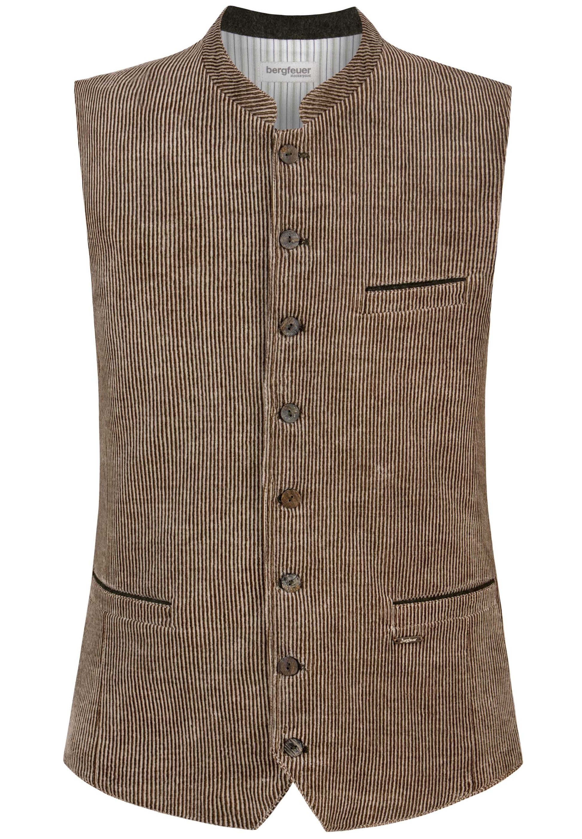 A brown corduroy waistcoat vest with a mandarin collar, buttoned front, and flap pockets, shown on a plain white background.