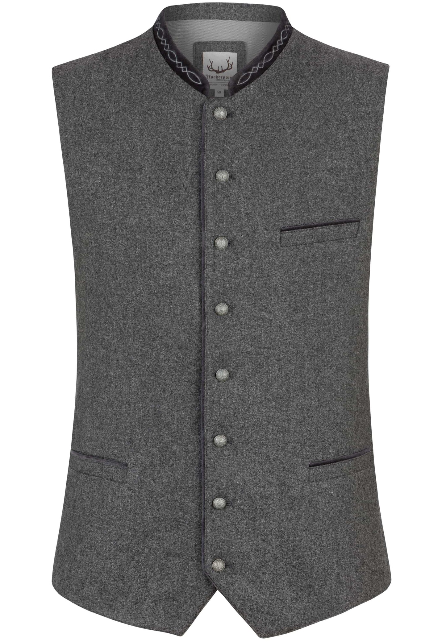 Gray vest with button details on a white background