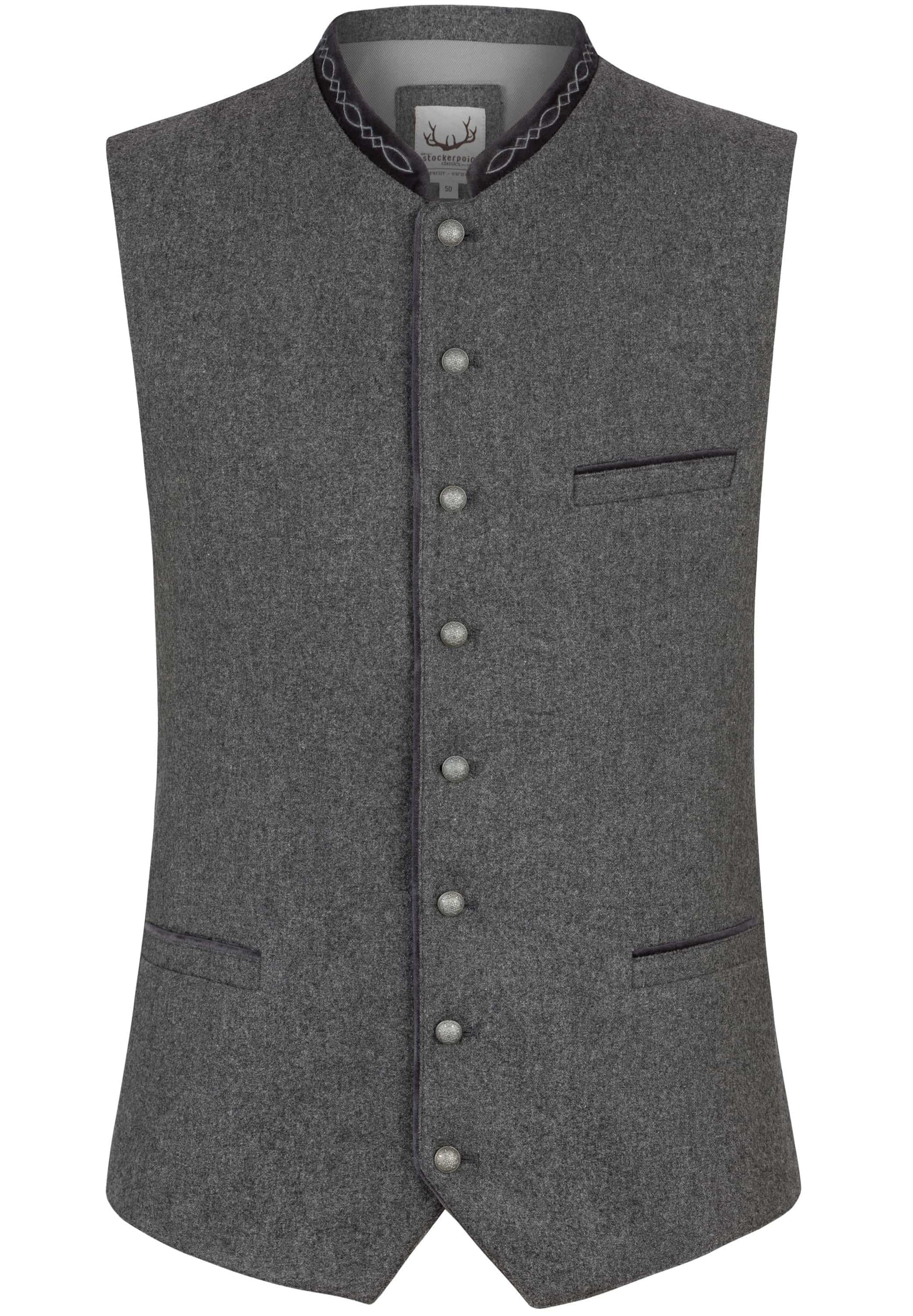 Gray vest with button details on a white background