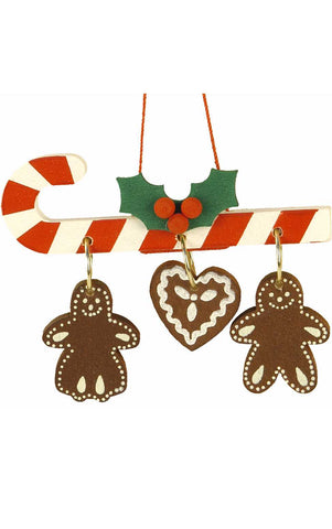 Hanging Ornament - Candy Cane with Hanging Gingerbread Cookies