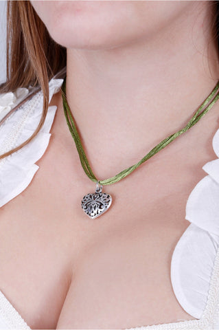 Silver Heart  Olive Velvet Necklace