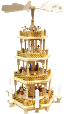 Pyramid - 4 tiers - Nativity Scene. Wise Men Shepherds and Angels Natural Wood