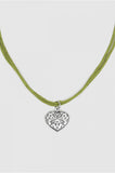 Silver Heart  Olive Velvet Necklace